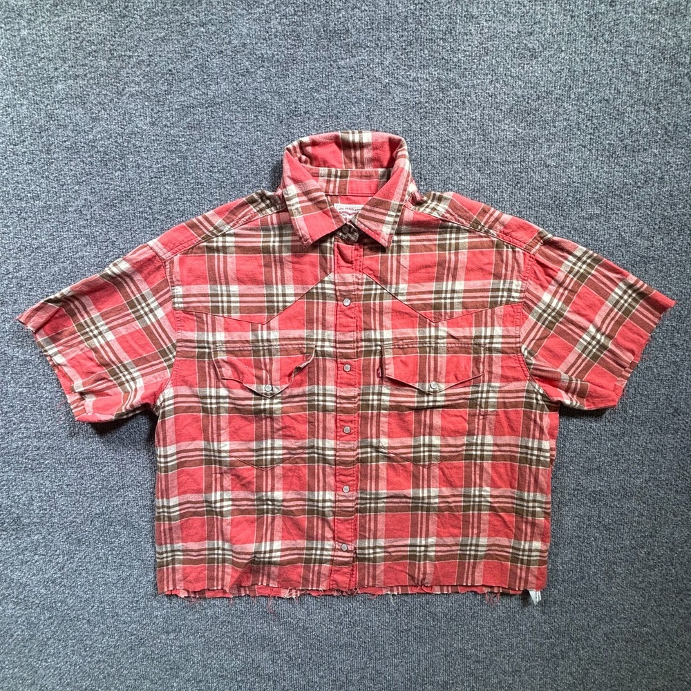 Levi's Cropped Button-Up Shirt Women's 5 Red Plaid Outdoor Western Pearl Snap